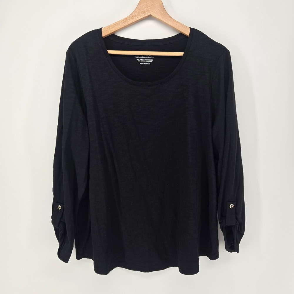 Chico's Ultimate Tee Women L 2 Black Roll Tab Sleeve Scoop Neck Slub Knit Top
